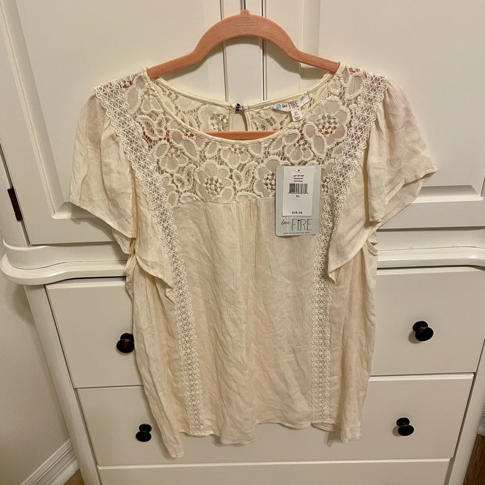 Cream flowy floral lace peasant blouse—Love, Fire
